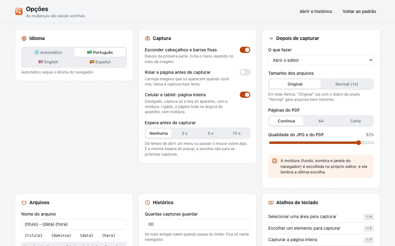 Tela de opções com nome do arquivo, pasta, formato e idioma